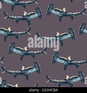 Watercolor seamless pattern hammerhead shark hand drawn illustration Stock Photo