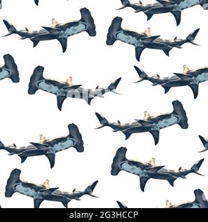 Watercolor seamless pattern hammerhead shark hand drawn illustration Stock Photo