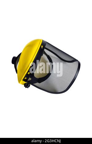 Protective mask with fine mesh, isolated on white background. Case is made of yellow plastic. Eye protection. Close-up. Selective focus. Stock Photo