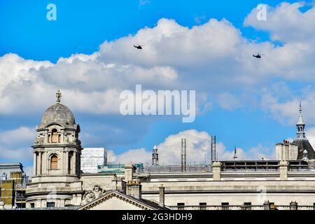 London, UK. 16th June 2021. Two military helicopter hovering at the top of the horse guards parade on 16th June 2021, London, UK. Credit: Picture Capital/Alamy Live News Stock Photo