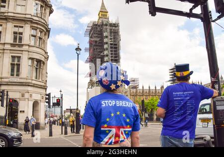 London, United Kingdom. 16th June 2021. A protester wears a Stop Brexit shirt outside the Houses of Parliament during a small anti-Brexit, anti-Tory government demonstration. (Credit: Vuk Valcic / Alamy Live News) Stock Photo