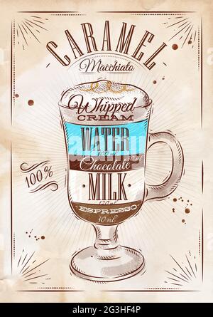 Poster coffee caramel macchiato in vintage style drawing with chalk on the blackboard Stock Vector