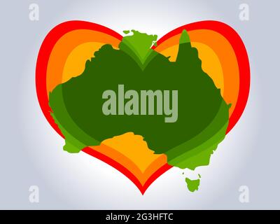 Save Australia vector illustration. Australia continent green silhouette with red gradient heart on gray background. A sign of support for charitable Stock Vector