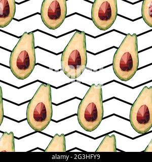 Seamless low poly avocado pattern. Vector polygonal avocado sign on striped zig zag background. Green healthy fruit, proper nutrition, snacks, vegetab Stock Vector