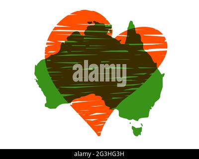 Save Australia vector illustration. Australia continent green silhouette with red heart isolated on white background. A sign of support for charitable Stock Vector