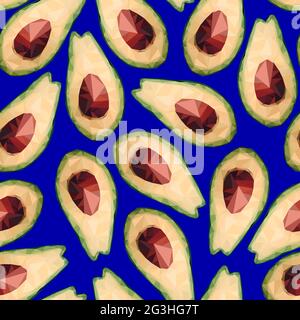 Seamless low poly avocado pattern. Vector polygonal avocado sign on classic blue background. Green healthy fruits, proper nutrition, snacks, vegetable Stock Vector
