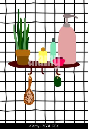 Vector interior illustration. Shelf with cosmetics on the wall with white tiles in the bathroom. Cozy minimalistic picture with home plants, hygiene p Stock Vector