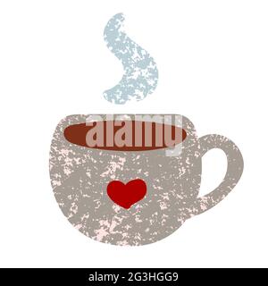 Cute mug with hot coffee. Hand drawn cup with tea, coffee isolated on white background. Gray texture, red heart, steam. Cozy vector sticker. Good morn Stock Vector