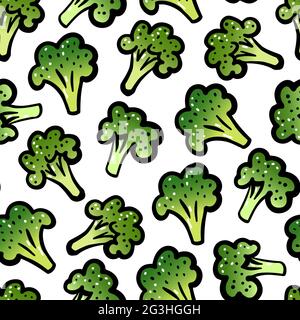 Seamless Cartoon broccoli pattern. Green broccoli isolated on white background. Hand-drawn fresh vegetables. The symbol of healthy food, eco nutrition Stock Vector