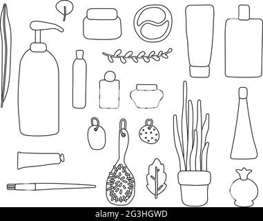 Set of contour items of cosmetics and plants. Outline packages, bottles, tubes with cosmetics, shampoo, soap, cream, mask, patches. Personal care thin Stock Vector