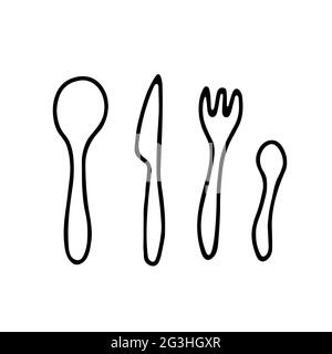 Doodle vector cutlery set. Outline spoon, fork, knife isolated on white background. Cozy kitchen utensils, cute kitchenware, dishes for dinner, lunch. Stock Vector