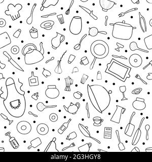 Seamless Doodle tableware vector pattern. Outline dishes isolated on white background. Cooking pots, pans, food plates, cutlery, tea kettle, coffee cu Stock Vector