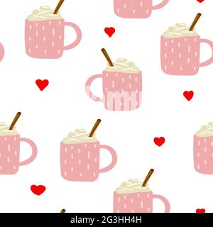 Seamless Cute Scandinavian vector pattern. A pink cups with ornament and hot drinks, cream, cinnamon. Eggnog, coffee, cocoa, on white background with Stock Vector