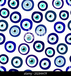 Seamless Nazar Boncugu amulet blue eye pattern. Turkish, Greece, arabian Talisman isolated on white background. Fatima Eye protection symbol set. Magi Stock Vector