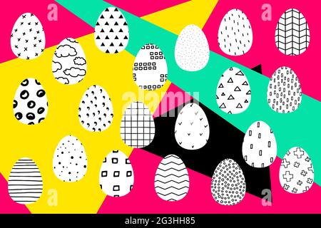 Easter illustration. Vector color banner with contrasting inserts. Set of easter black and white Easter eggs with Scandinavian ornament. Festive avant Stock Vector