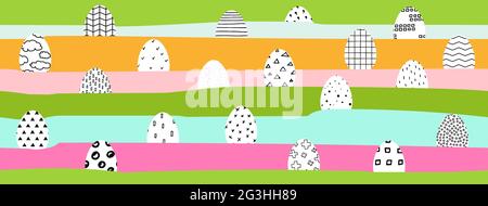 Happy Easter banner. Easter eggs painted with black and white Scandinavian ornaments on color background. Festive Landscape with hidden Polka dot, str Stock Vector