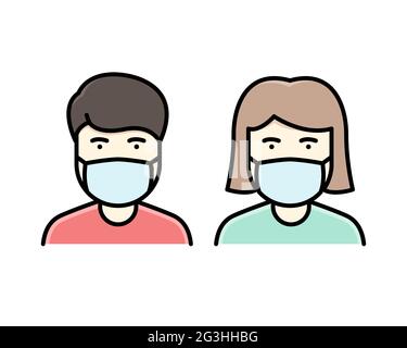 a man and woman wear a mask to avoid Covid-19 icon vector color Stock Vector