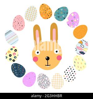 Happy easter frame. A border of Easter painted eggs. Cute smiling easter bunny. Kawaii festive character, egg hunt symbol. Eggs with Scandinavian orna Stock Vector