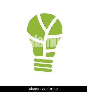 Energy saving symbol. Green sign of recycling, eco, ecology, technology, earth care. Lamp with leaf isolated on white background. Powersave bulb. Ener Stock Vector