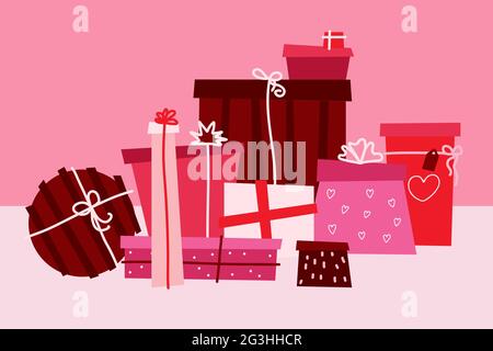 Valentine's Day gifts in Scandinavian style concept. Pile of different red presents on pink background. Festive greeting set. Decorated boxes with rib Stock Vector