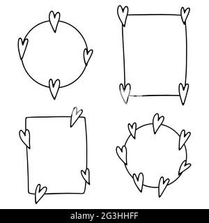 Set of doodle Valentines Day frames. Hand-drawn outline template with hearts isolated on white background. February 14 sign. Round, rectangular cute v Stock Vector