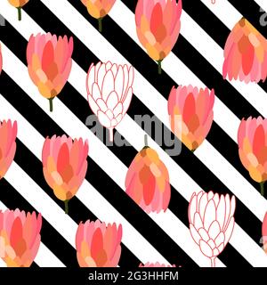 Seamless floral vector pattern. Pink flowers on a Diagonal striped black, white background. Lines, flowers, plants illustration for wrapping paper, ca Stock Vector