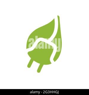 Energy saving symbol. Green sign of recycling, eco, ecology, technology, earth care. Electrical plug, cable, leaf isolated on white background. Energy Stock Vector
