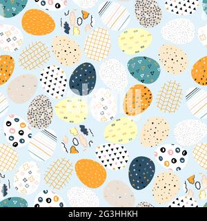 Seamless vector Happy Easter pattern. Easter eggs painted with colored Scandinavian ornaments on a light blue background. Festive spring Polka dot, st Stock Vector