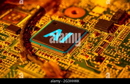 Artificial Intelligence concept on closeup computer chip. Stock Photo