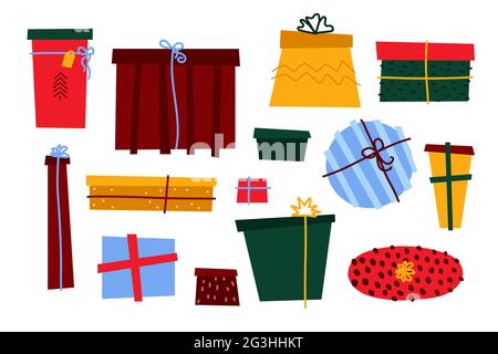 Christmas gifts in scandinavian style set. Different color presents isolated on white background. New Year greeting collection. Decorated boxes with r Stock Vector