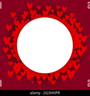 Vector frame with hearts and place for text. Red hearts arranged in a circle on a burgundy background with shadows. White background for holidays, wed Stock Vector