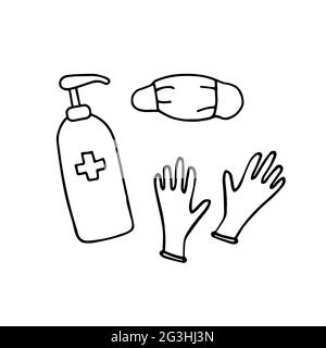 Medical protective doodle set. Hand drawn masks, gloves, soap, hand disinfectant. Means of protection against viruses, dirt, bacteria, germs. Vector S Stock Vector