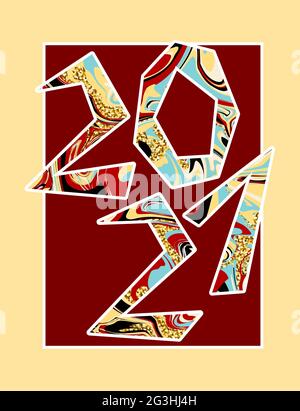 Marble sparkling number 2021. Multicolored stains texture, gold glitter hand-drawn text on red background. New Year symbol card, invitation. Vector Si Stock Vector