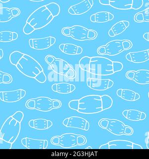 Seamless pattern. Doodle protective medical mask on blue background. Set of outline cartoon masks for doctors, patients, protection against diseases, Stock Vector