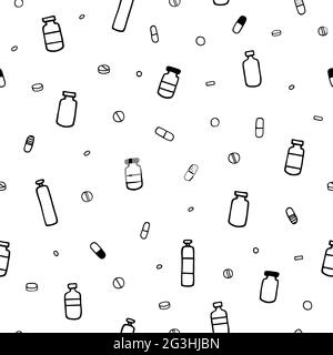 Seamless vector medical pattern. Black outline of pills, medicine bottles isolated on a white background. Painkillers, antibiotic, vitamins on a pharm Stock Vector