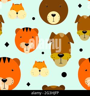 Seamless Funny vector pattern on a blue background in cartoon style with geometric elements. Kawaii animals bear, dog, tiger, hamster. Cute pet faces Stock Vector