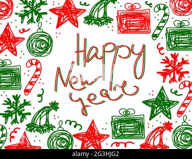 Vector Happy New Year frame with lettering or place for text. Tangled text and decorative elements for winter holidays isolated on white background. C Stock Vector