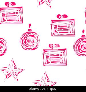 Seamless pink winter pattern. Tangled line Christmas elements isolated on white background. New Years ball, gift,star. Vector illustrations for wallpa Stock Vector