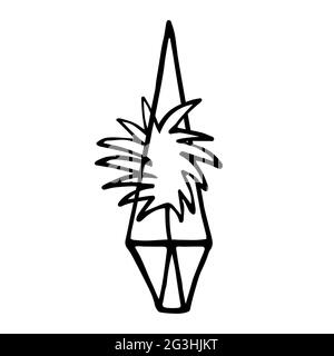 Doodle plant in a faceted pot. Hand-drawn leaves with poly ornamental flower pot. Outline of a home palm isolated on a white background. Cute Scandina Stock Vector