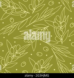 Seamless pattern Olives. White Outline olive branches isolated on olive background. Randomly arranged Berries and olive leaves. Vector natural product Stock Vector
