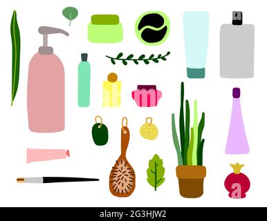 Scandinavian Set of cosmetics and plants. Pink, Blue, green, yellow packages, bottles, tubes with cosmetics, shampoo, soap, cream, mask, patches. Mult Stock Vector