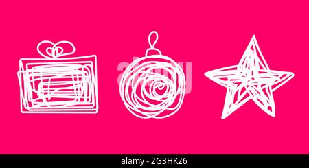 Christmas set Star, Gift, Ball on a pink background. White Hand-drawn tangled line art New Year decorations. Symbols of winter holidays. Messy Holiday Stock Vector