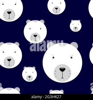 Kawaii seamless pattern polar bears. Funny vector illustration. Cute white animals on a dark blue background for wallpapers, backgrounds, posters, wra Stock Vector