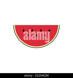 Watermelon slice Isolated on white background. Flat icon of fresh fruit. Colorful bright summer food. Sweet treat image. Red pink semicircular melon w Stock Vector