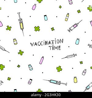 Time for Vaccination. Seamless medical doodle pattern. Influenza, other illness, disease prevention, health care. Vector stock illustration with pharm Stock Vector
