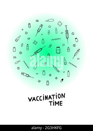 Time for Vaccination. Vector illustration with Outline black pharmaceutical hand-drawn elements on a white background with blue gradient circle. Poste Stock Vector