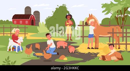 Children in contact zoo, happy kids and animals, child holding cute piggy, hugging dog Stock Vector