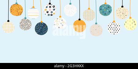 New Year vector color banner with place for your text. Christmas balls with Scandinavian ornaments on a blue background. Bright festive cute stock ill Stock Vector