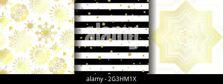 Set of Christmas vector seamless patterns. 3 holiday ornaments for wallpapers, posters, wrapping paper. Collection of New Year illustrations with gold Stock Vector