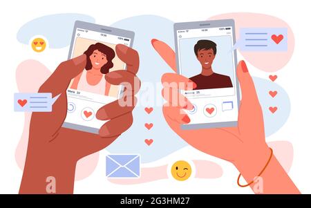 Online romantic dating conversation, virtual meeting, male female hands holding phones Stock Vector
